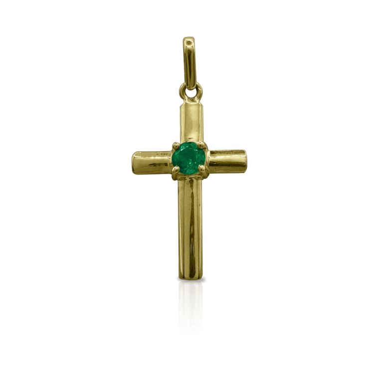 Emerald gold cross pendant DT 2916 from Duetto Galería, crafted in gold with a central Colombian emerald Dije cruz de oro con esmeralda DT 2916 de Duetto Galería, elaborado en oro con esmeralda colombiana central